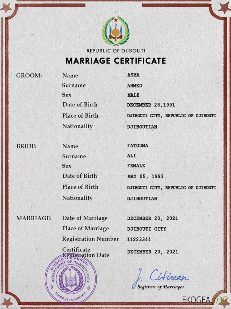 Modèle PSD de certificat de mariage de Djibouti